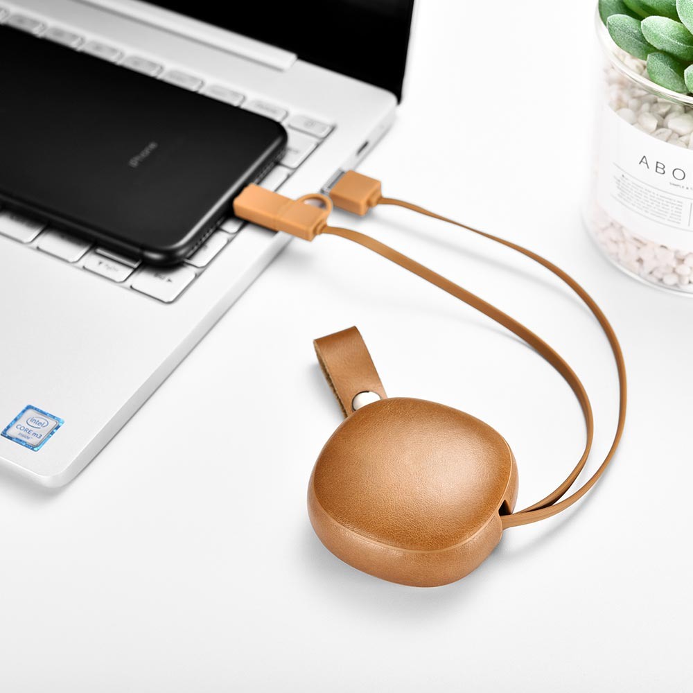 Cablu de incarcare retractabil 2 in 1, piele naturala, USB + Lightning / Micro USB - iCarer Vintage, Maro camel