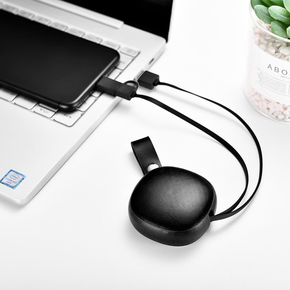 Cablu de incarcare retractabil 2 in 1, piele naturala, USB + Type-C / Micro USB - iCarer Vintage, Negru