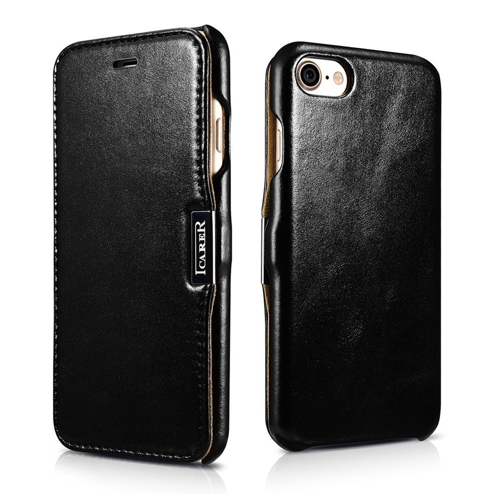 Husa din piele, tip carte, inchidere magnetica, iPhone SE 3 (2022), SE 2 (2020), iPhone 8, 7 - iCARER Vintage Side Open, Negru