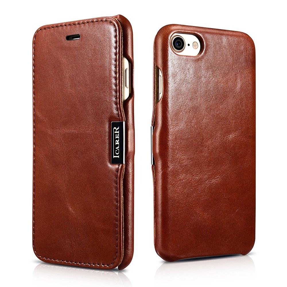 Husa din piele, tip carte, inchidere magnetica, iPhone SE 3 (2022), SE 2 (2020), iPhone 8, 7 - iCARER Vintage Side Open, Maro coniac