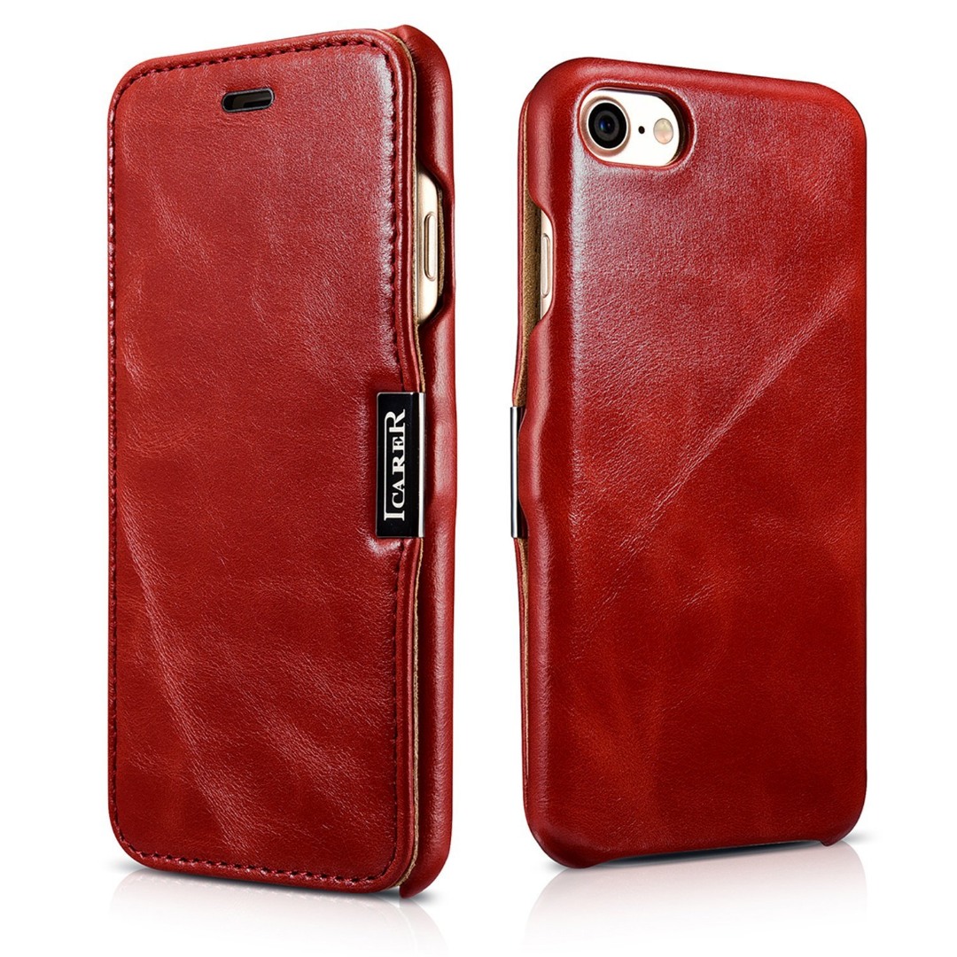 Husa din piele, tip carte, inchidere magnetica, iPhone SE 3 (2022), SE 2 (2020), iPhone 8, 7 - iCARER Vintage Side Open, Rosu burgund