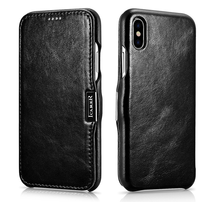 Husa din piele, tip carte, inchidere magnetica, iPhone XS Max - iCARER Vintage Side Open, Negru