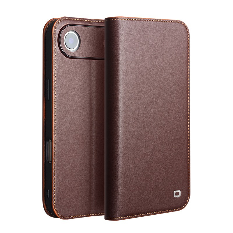 Husa din piele naturala pentru iPhone Air - tip carte, cu buzunare carduri si bani, stand video, textura mata si neteda, Qialino Business Wallet, Maro - Chestnut Brown