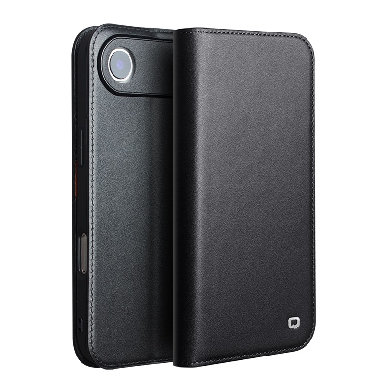 Husa din piele naturala pentru iPhone Air - tip carte, cu buzunare carduri si bani, stand video, textura mata si neteda, Qialino Business Wallet, Negru - Graphite Black