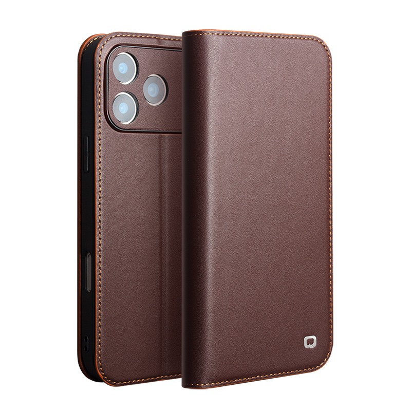 Husa din piele naturala pentru iPhone 17 Pro - tip carte, cu buzunare carduri si bani, stand video, textura mata si neteda, Qialino Business Wallet, Maro - Chestnut Brown