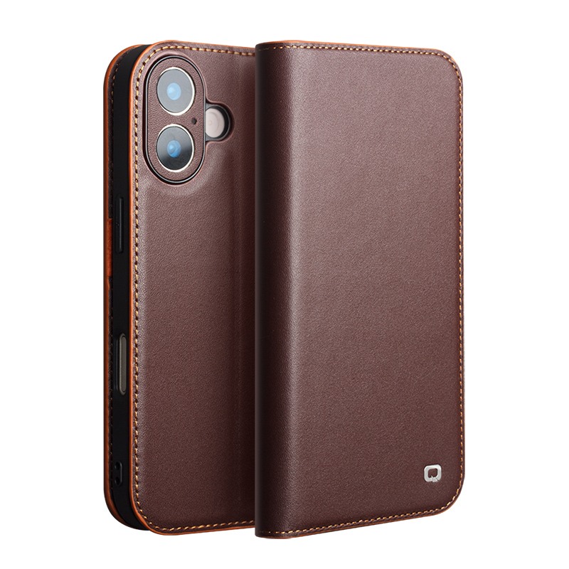 Husa din piele naturala pentru iPhone 17 - tip carte, cu buzunare carduri si bani, stand video, textura mata si neteda, Qialino Business Wallet, Maro - Chestnut Brown