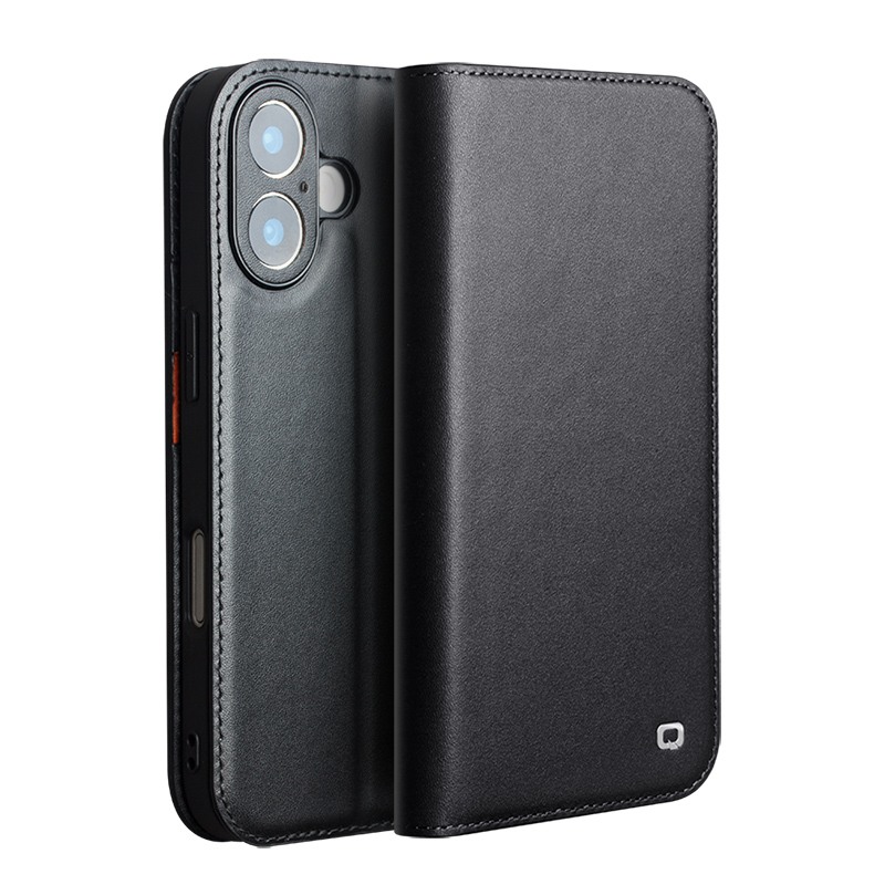 Husa din piele naturala pentru iPhone 17 - tip carte, cu buzunare carduri si bani, stand video, textura mata si neteda, Qialino Business Wallet, Negru - Graphite Black