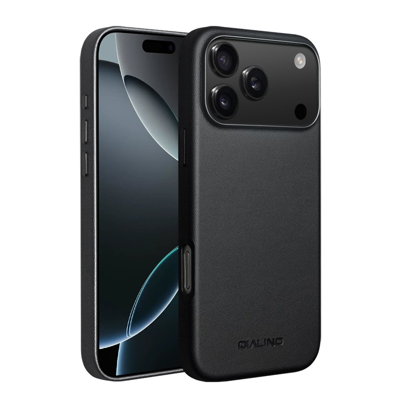 Husa slim din piele naturala pentru iPhone 17 Pro Max, compatibil MagSafe, tip back cover fara clapeta, rama inaltata pentru protectia camerei, Qialino, Negru Onyx Black