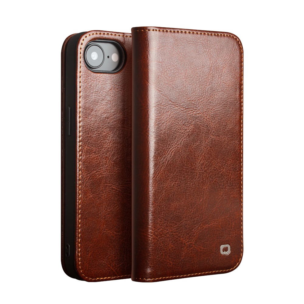 Husa pentru iPhone 17e – piele naturala fina, tip carte, sloturi carduri si bani, functie stand, Qialino Classic Wallet, Maro - Espresso Brown