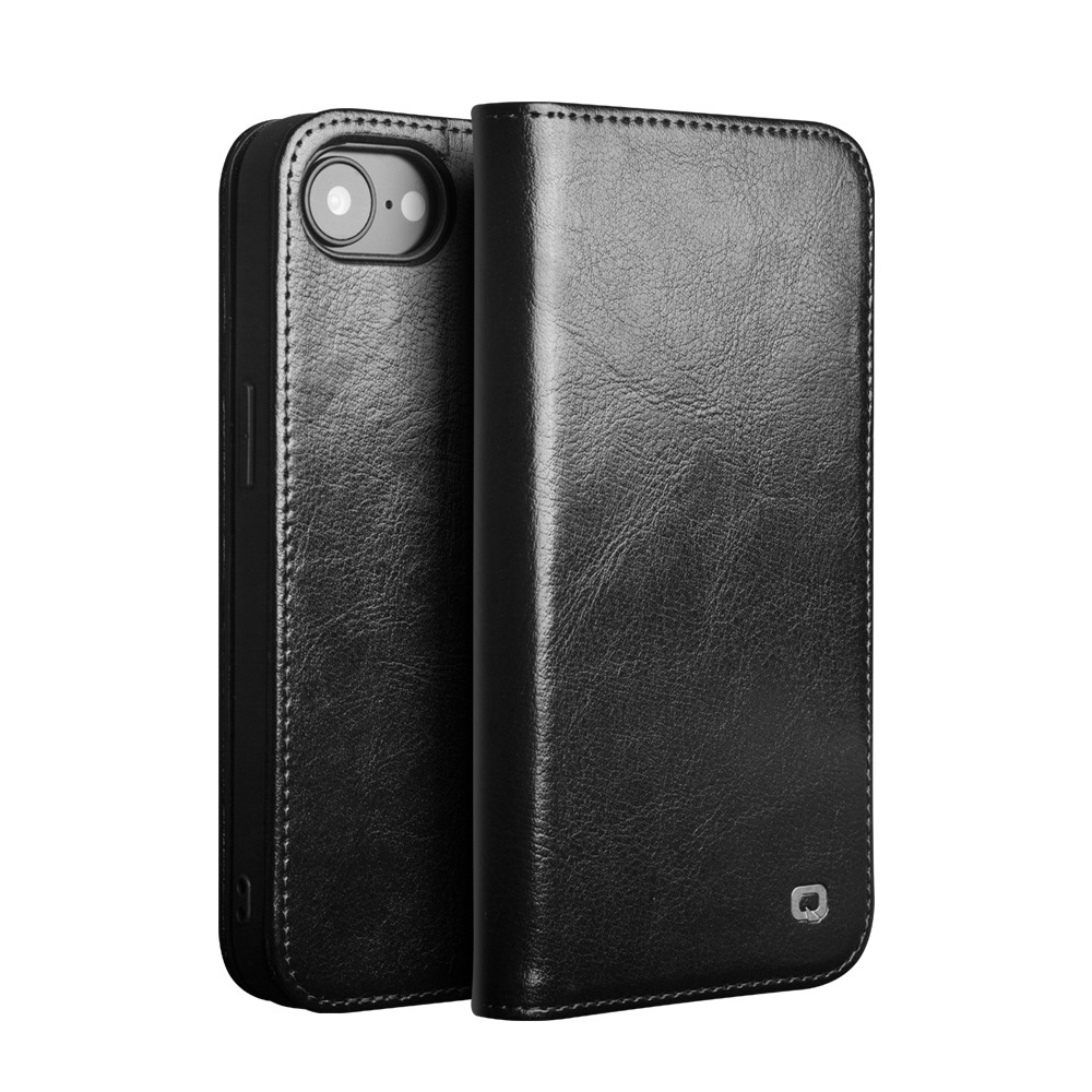 Husa pentru iPhone 17e – piele naturala fina, tip carte, sloturi carduri si bani, functie stand, Qialino Classic Wallet, Negru - Black Prestige