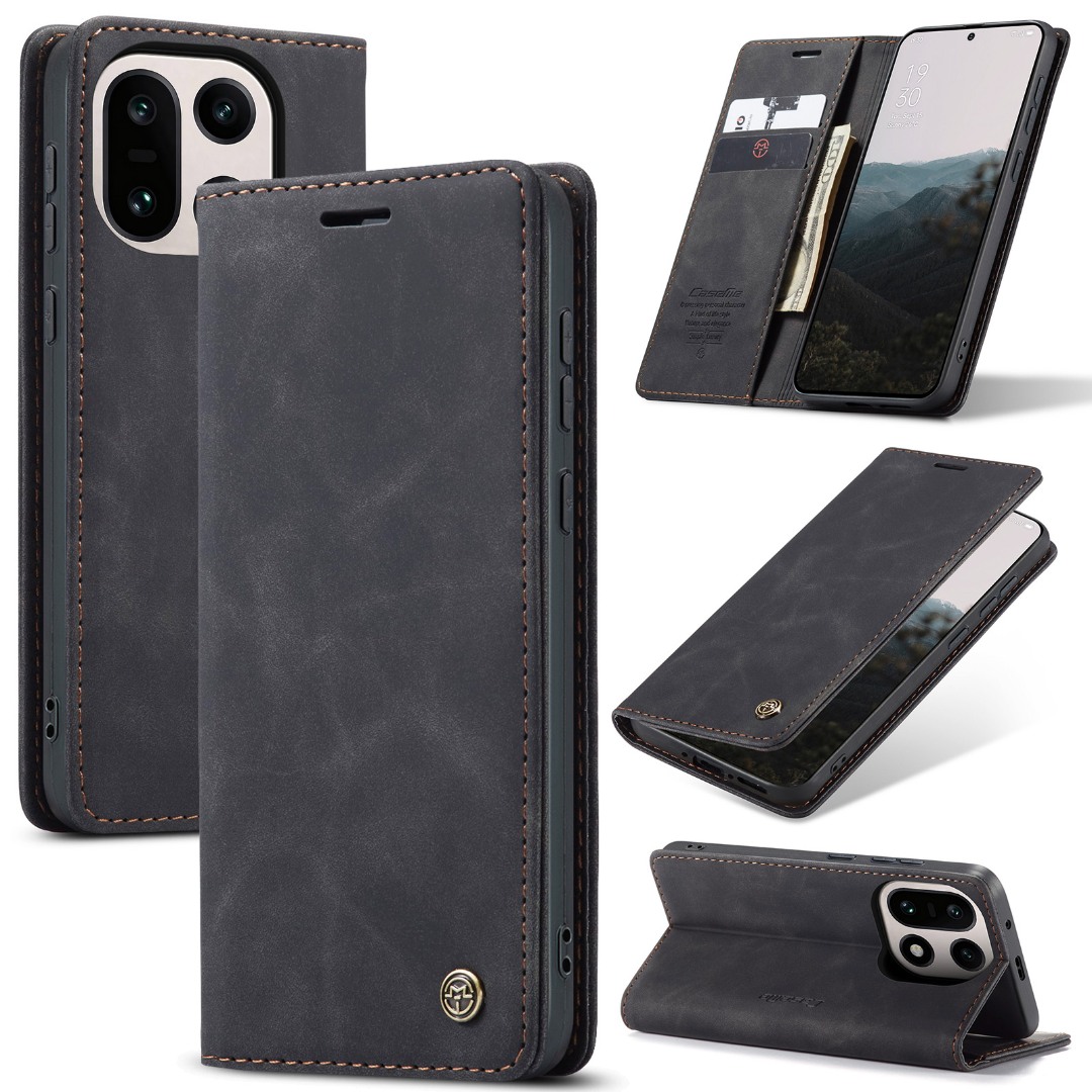 Husa pentru OnePlus 15 – CaseMe, tip carte, piele, functie portofel, stand, finisaj catifelat, Negru - Midnight Ash