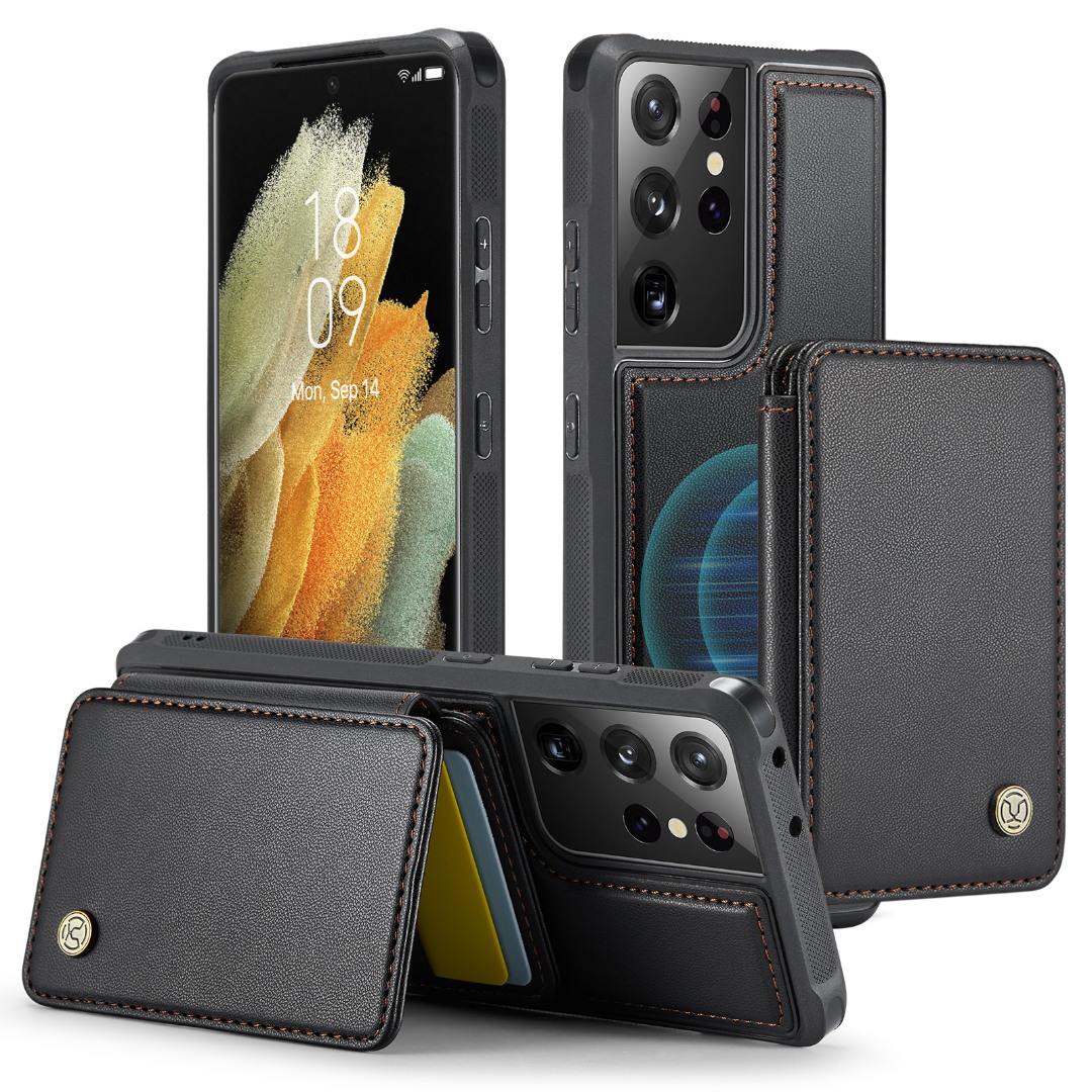 Husa piele cu textura moale si aderenta in mana, back cover, mini portofel magnetic detasabil, slot carduri, functie stand, protectie RFID, Samsung Galaxy S21 Ultra, CaseMe, Negru