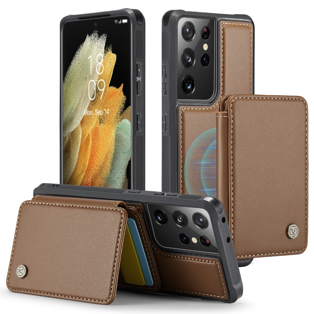 Husa piele cu textura moale si aderenta in mana, back cover, mini portofel magnetic detasabil, slot carduri, functie stand, protectie RFID, Samsung Galaxy S21 Ultra, CaseMe, Maro