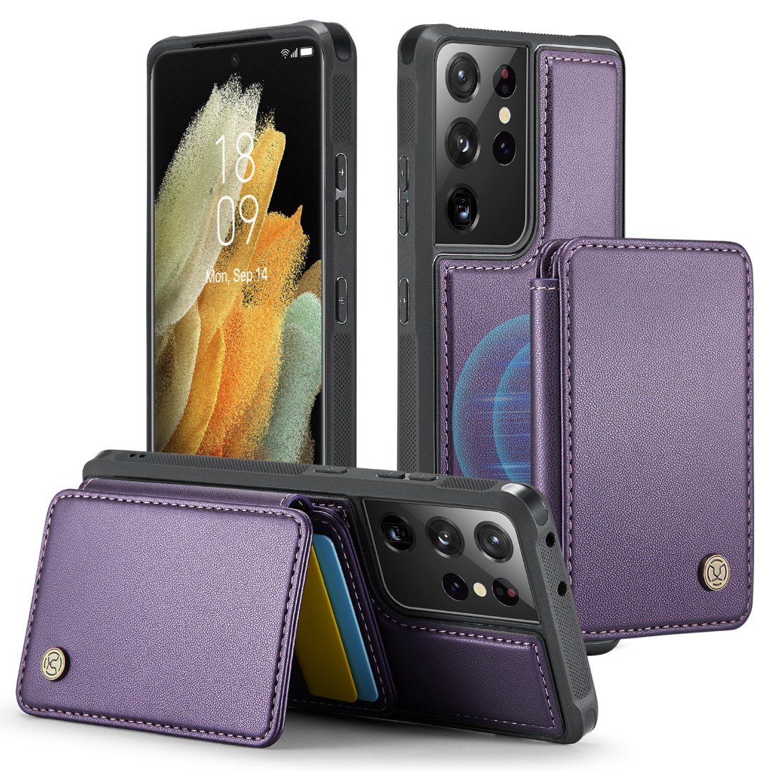 Husa piele cu textura moale si aderenta in mana, back cover, mini portofel magnetic detasabil, slot carduri, functie stand, protectie RFID, Samsung Galaxy S21 Ultra, CaseMe, Mov