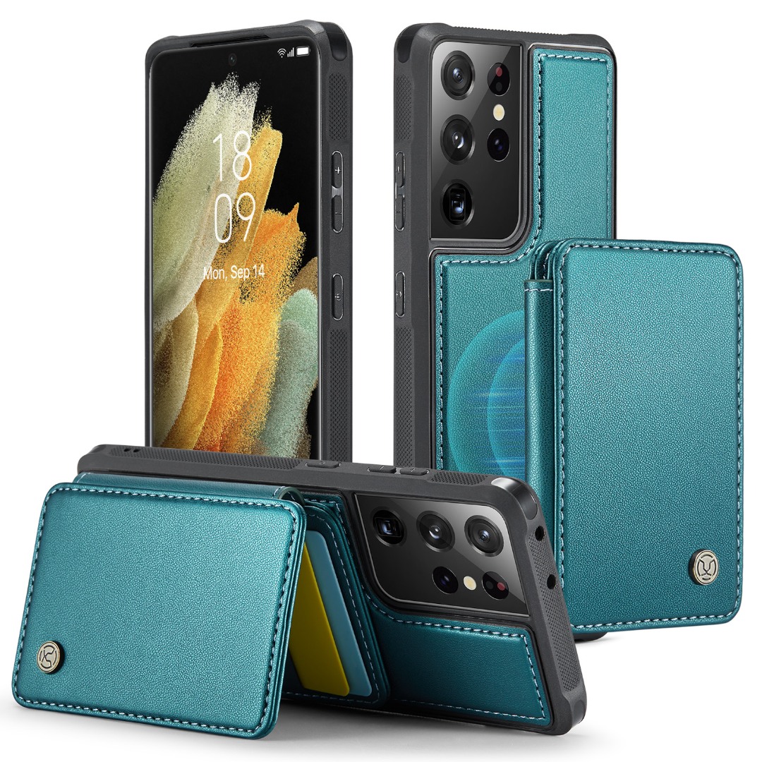Husa piele cu textura moale si aderenta in mana, back cover, mini portofel magnetic detasabil, slot carduri, functie stand, protectie RFID, Samsung Galaxy S21 Ultra, CaseMe, Verde