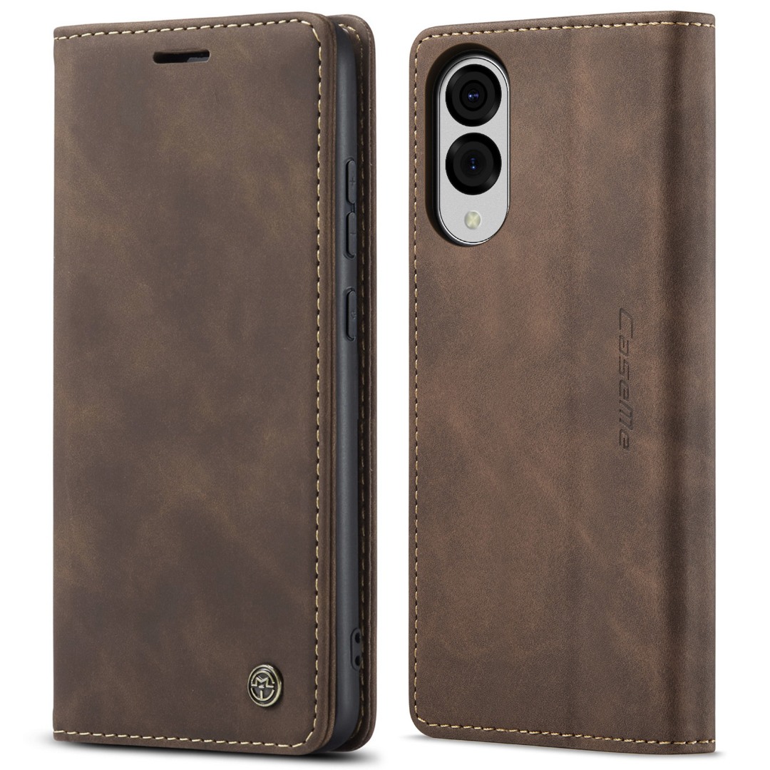 Husa slim piele, tip portofel, stand, inchidere magnetica, textura catifelata, Samsung Galaxy S25 Edge - CaseMe, Maro coffee