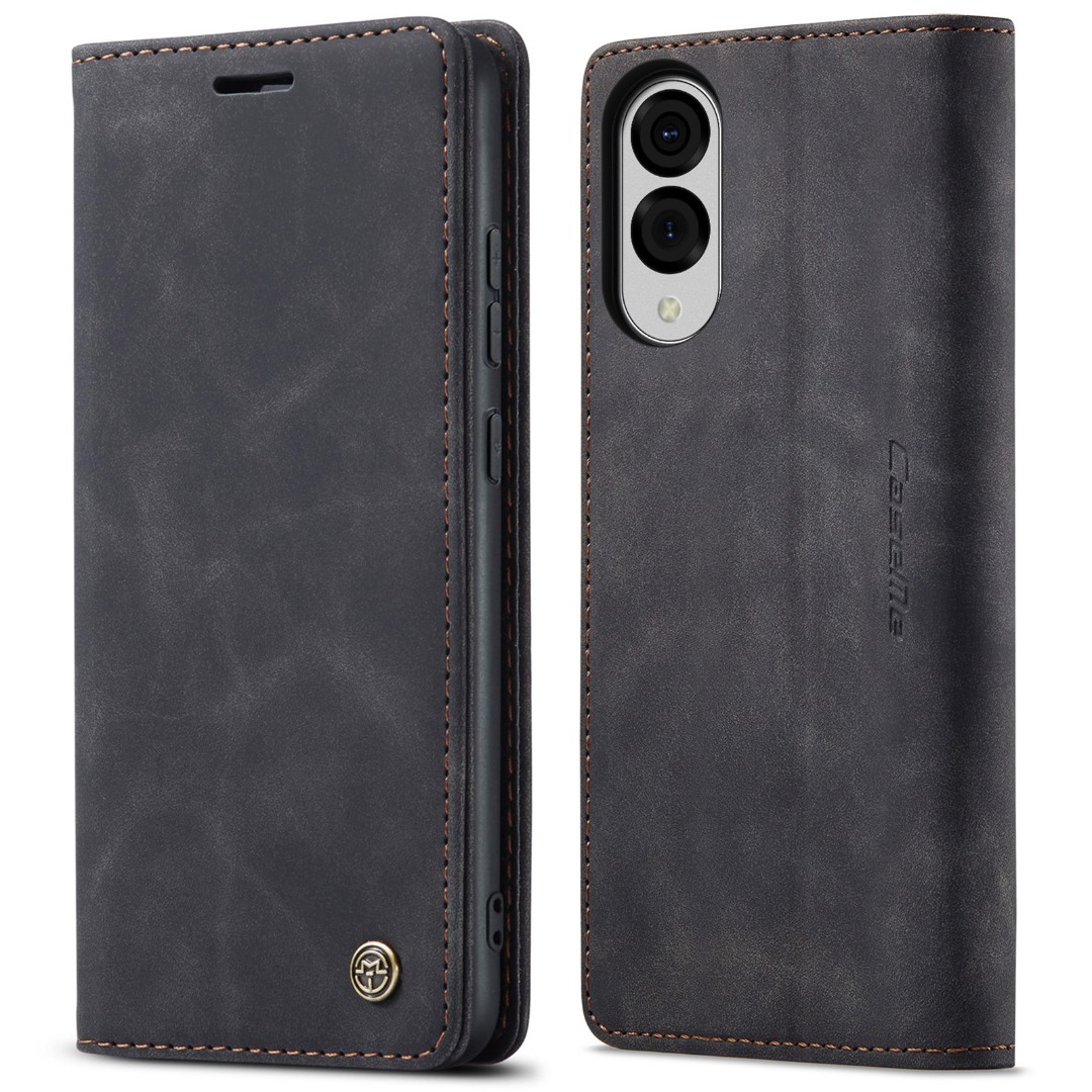 Husa slim piele, tip portofel, stand, inchidere magnetica, textura catifelata, Samsung Galaxy S25 Edge - CaseMe, Negru