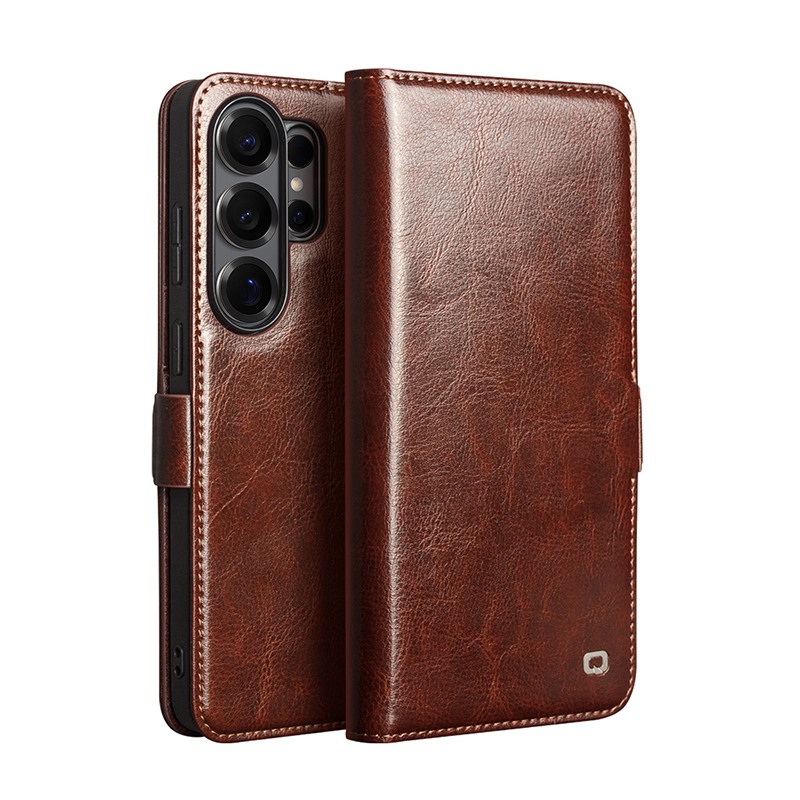 Husa pentru Samsung Galaxy S26 Ultra din piele fina naturala, tip carte, inchidere sigura magnetica, cu buzunare carduri si bani, stand video, rama moale carcasa, protectie camera prin rama inaltata - Qialino Magnetic Classic Wallet, Maro - Espresso Brown