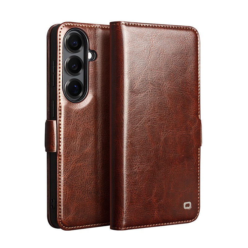 Husa pentru Samsung Galaxy S26 din piele fina naturala, tip carte, inchidere sigura magnetica, cu buzunare carduri si bani, stand video, rama moale carcasa, protectie camera prin rama inaltata - Qialino Magnetic Classic Wallet, Maro - Espresso Brown