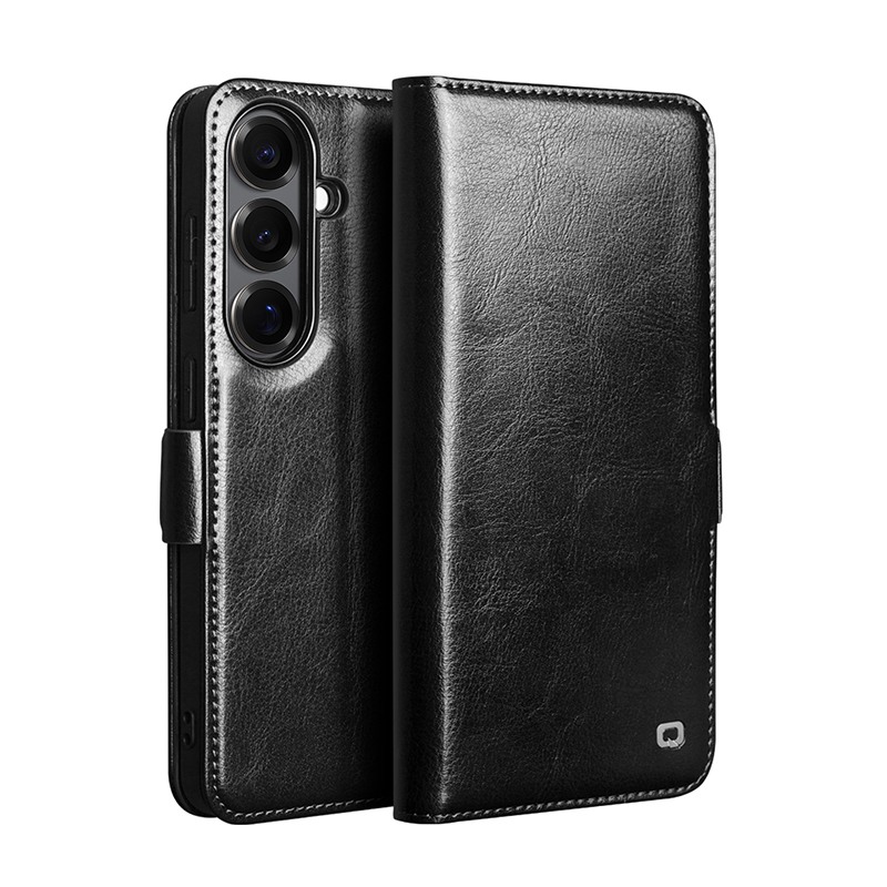 Husa pentru Samsung Galaxy S26 Plus din piele fina naturala, tip carte, inchidere sigura magnetica, cu buzunare carduri si bani, stand video, rama moale carcasa, protectie camera prin rama inaltata - Qialino Magnetic Classic Wallet, Negru - Black Prestig