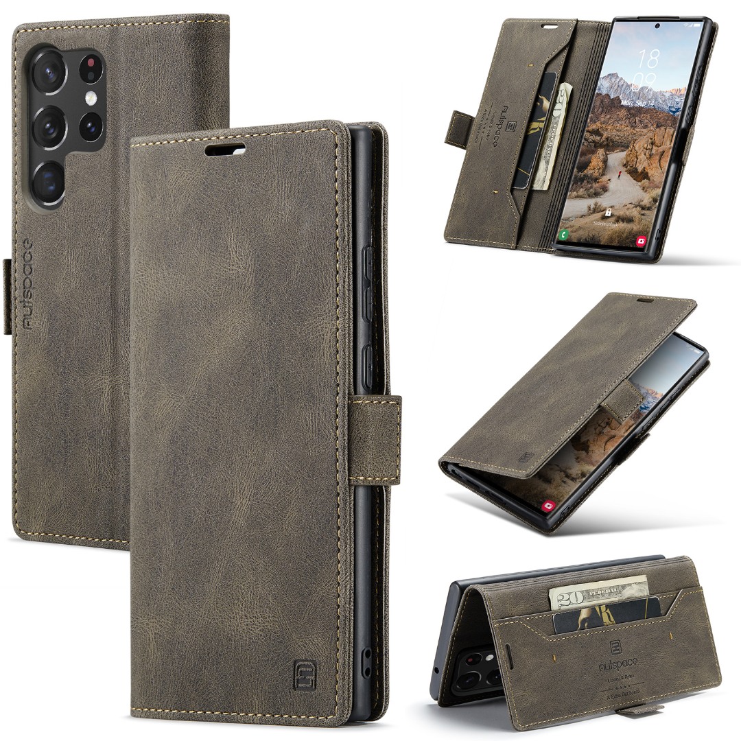 Husa pentru Samsung Galaxy S26 Ultra - Slim, piele moale cu textura aderenta tip piele intoarsa, portofel cu protectie RFID, functie stand pentru vizionare video, inchidere magnetica, Retro Wallet, Maro - Stone Grey