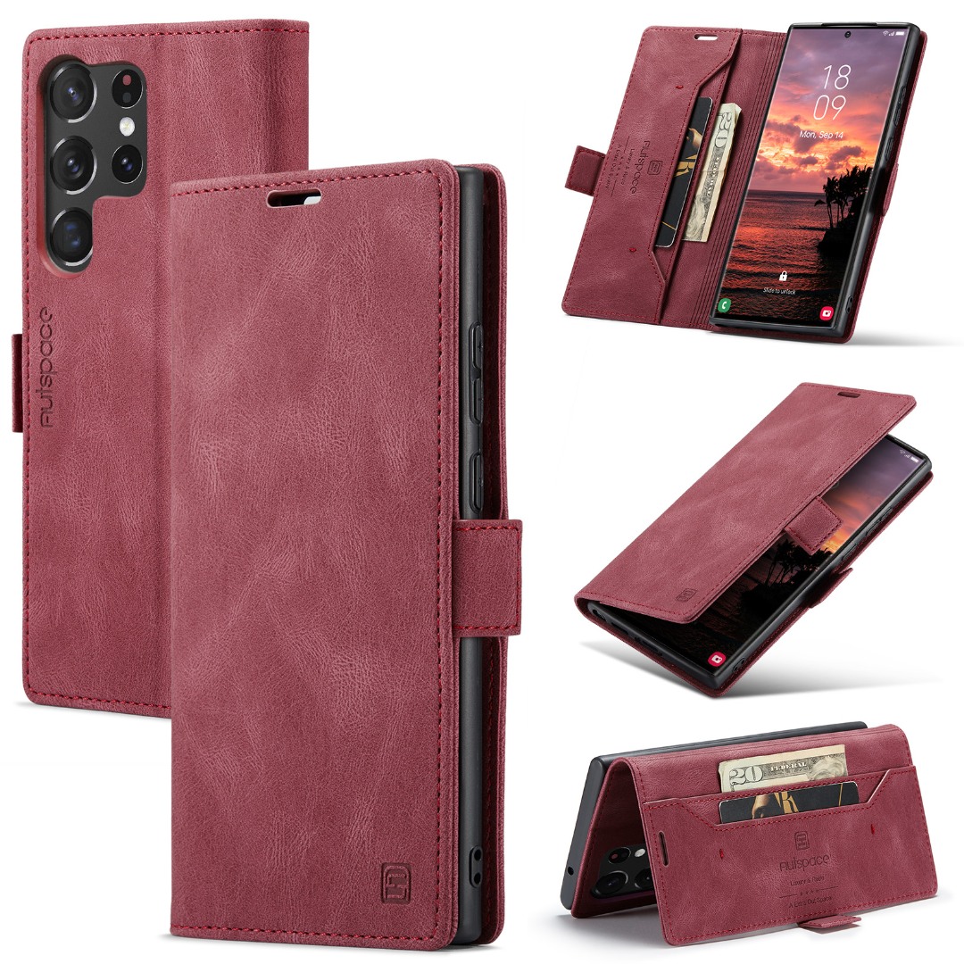 Husa pentru Samsung Galaxy S26 Ultra - Slim, piele moale cu textura aderenta tip piele intoarsa, portofel cu protectie RFID, functie stand pentru vizionare video, inchidere magnetica, Retro Wallet, Rosu - Dusty red