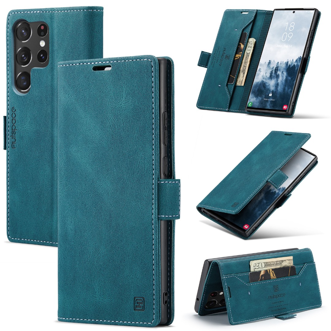Husa pentru Samsung Galaxy S26 Ultra - Slim, piele moale cu textura aderenta tip piele intoarsa, portofel cu protectie RFID, functie stand pentru vizionare video, inchidere magnetica, Retro Wallet, Albastru - Ocean Teal