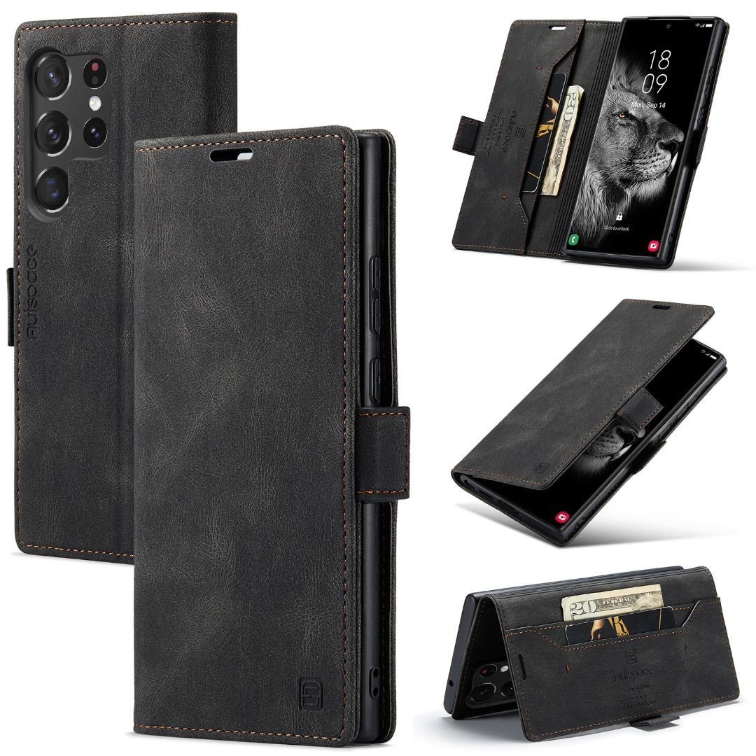 Husa pentru Samsung Galaxy S26 Ultra - Slim, piele moale cu textura aderenta tip piele intoarsa, portofel cu protectie RFID, functie stand pentru vizionare video, inchidere magnetica, Retro Wallet, Negru - Ash Black