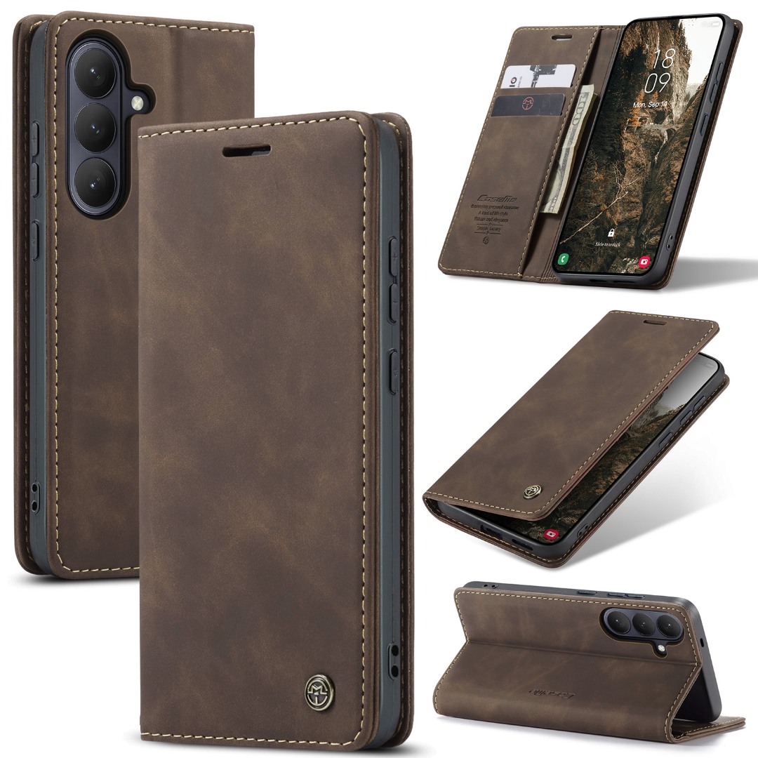 Husa pentru Samsung Galaxy S26 Plus – CaseMe, tip carte, piele, functie portofel, stand, finisaj catifelat, Maro - Vintage coffee