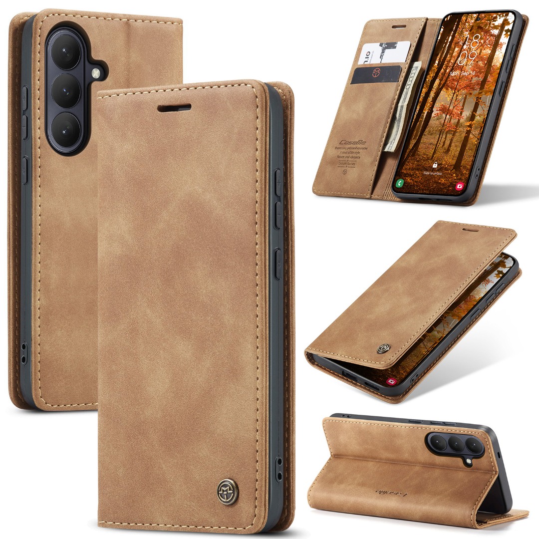 Husa pentru Samsung Galaxy S26 – CaseMe, tip carte, piele, functie portofel, stand, finisaj catifelat, Maro - Camel Sand