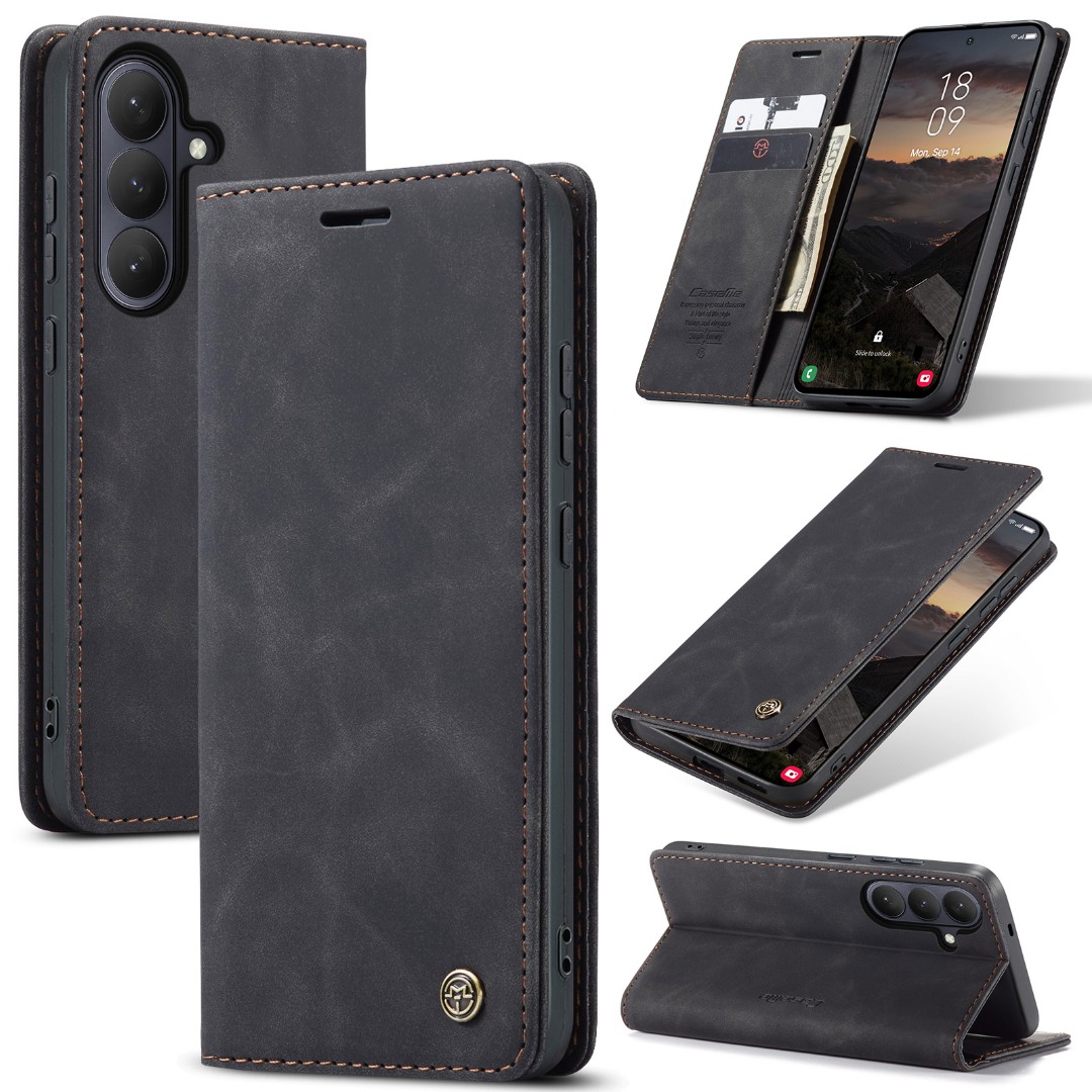 Husa pentru Samsung Galaxy S26 – CaseMe, tip carte, piele, functie portofel, stand, finisaj catifelat, Negru - Midnight Ash