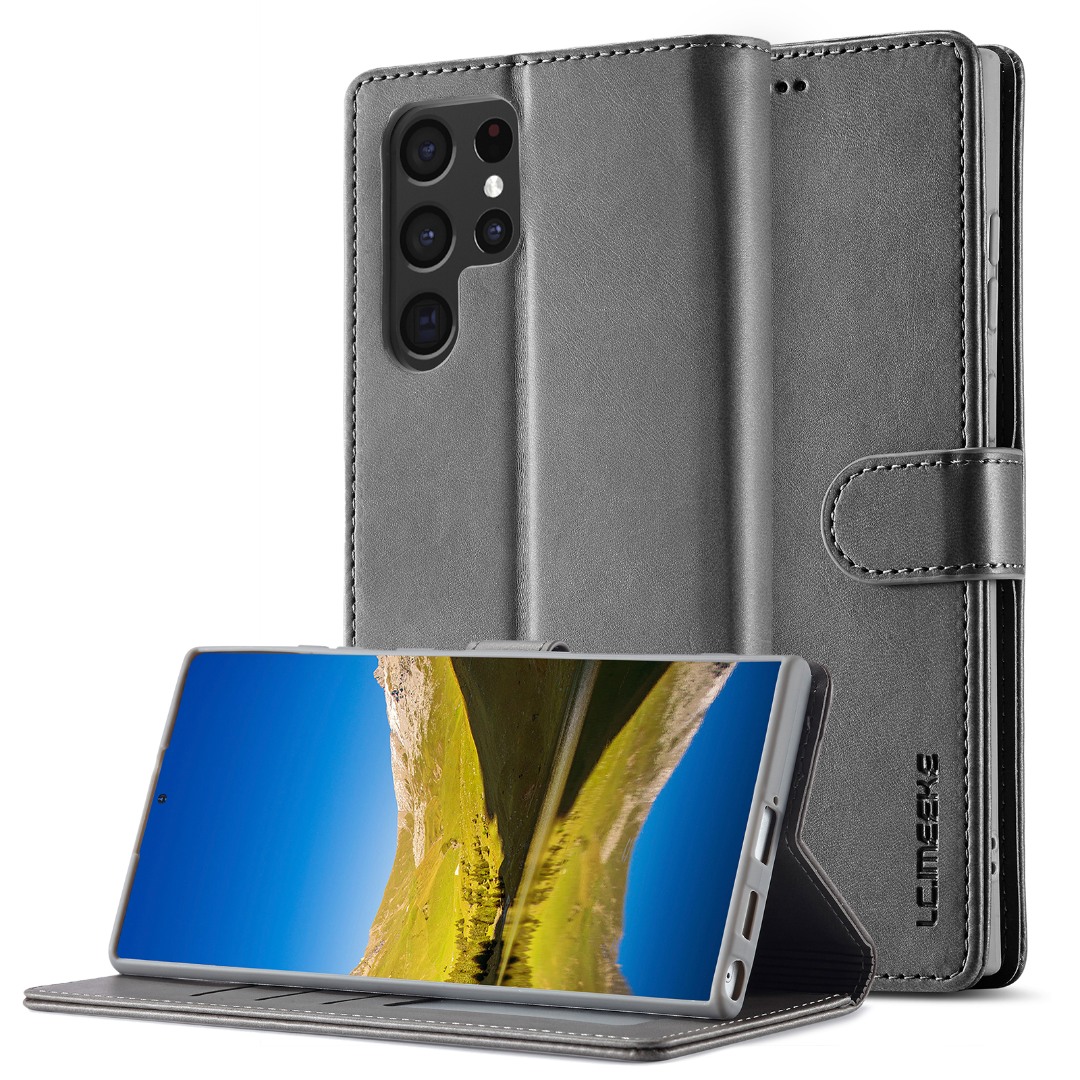 Husa pentru Samsung Galaxy S26 Ultra, piele, tip portofel, inchidere magnetica, functie stand, suport moale in culoarea husei, Gri - Graphite Gray