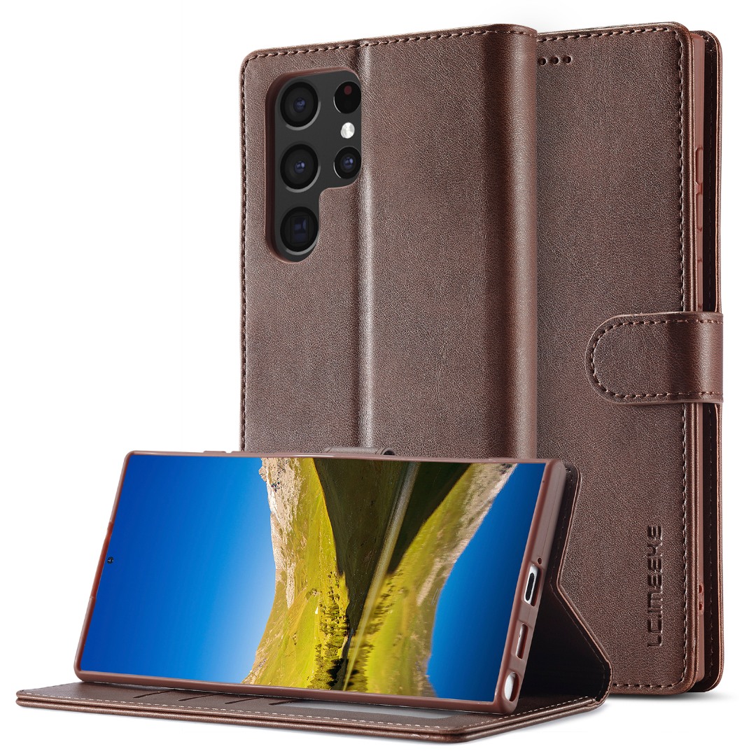 Husa pentru Samsung Galaxy S26 Ultra, piele, tip portofel, inchidere magnetica, functie stand, suport moale in culoarea husei, Maro - Coffee Brown