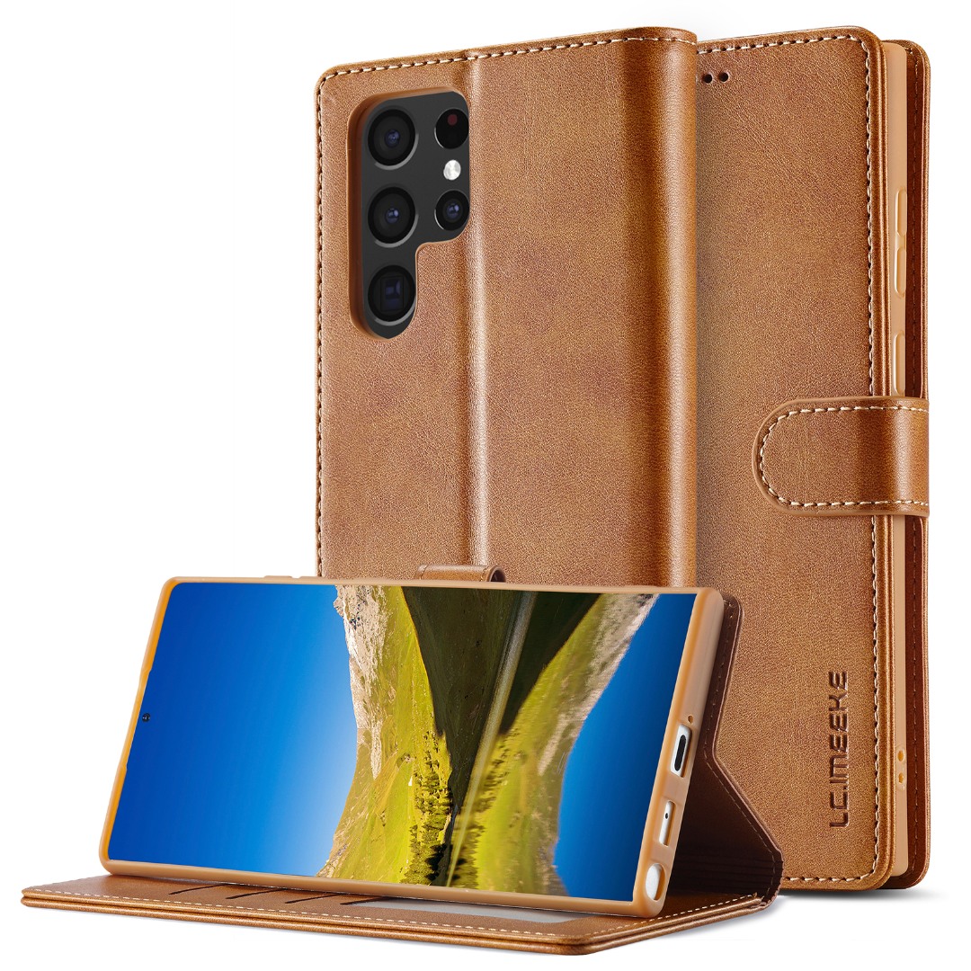 Husa pentru Samsung Galaxy S26 Ultra, piele, tip portofel, inchidere magnetica, functie stand, suport moale in culoarea husei, Maro - Caramel Brown