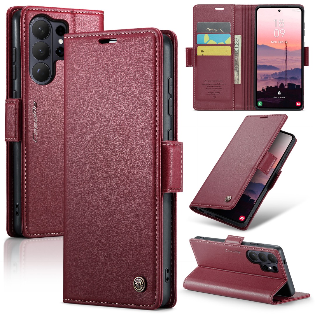 Husa pentru Samsung Galaxy S26 Ultra, CaseMe, slim, piele, tip portofel, stand, inchidere magnetica, finisaj fin, aderenta sigura, protectie RFID, Rosu - Garnet Rouge