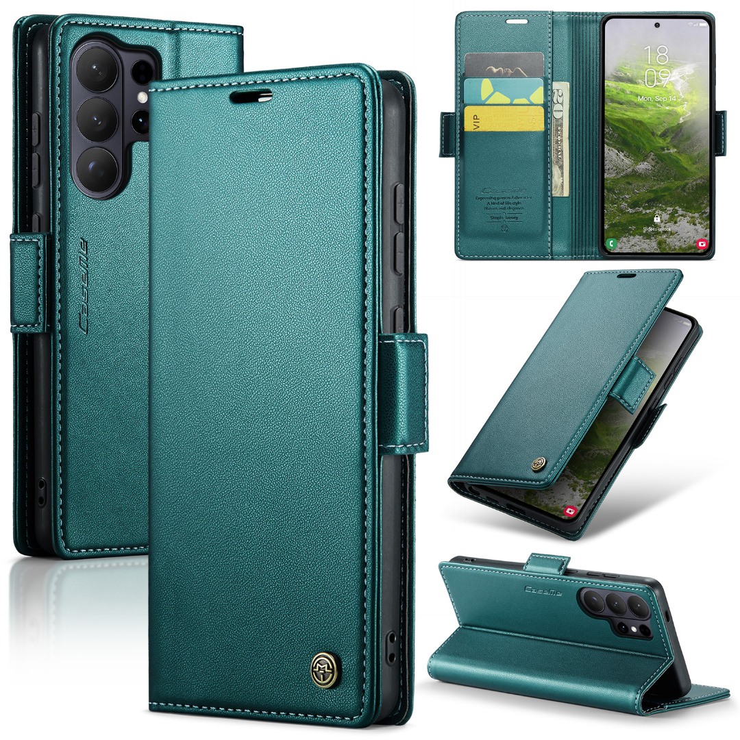 Husa pentru Samsung Galaxy S26 Ultra, CaseMe, slim, piele, tip portofel, stand, inchidere magnetica, finisaj fin, aderenta sigura, protectie RFID, Verde - Lagoon Emerald