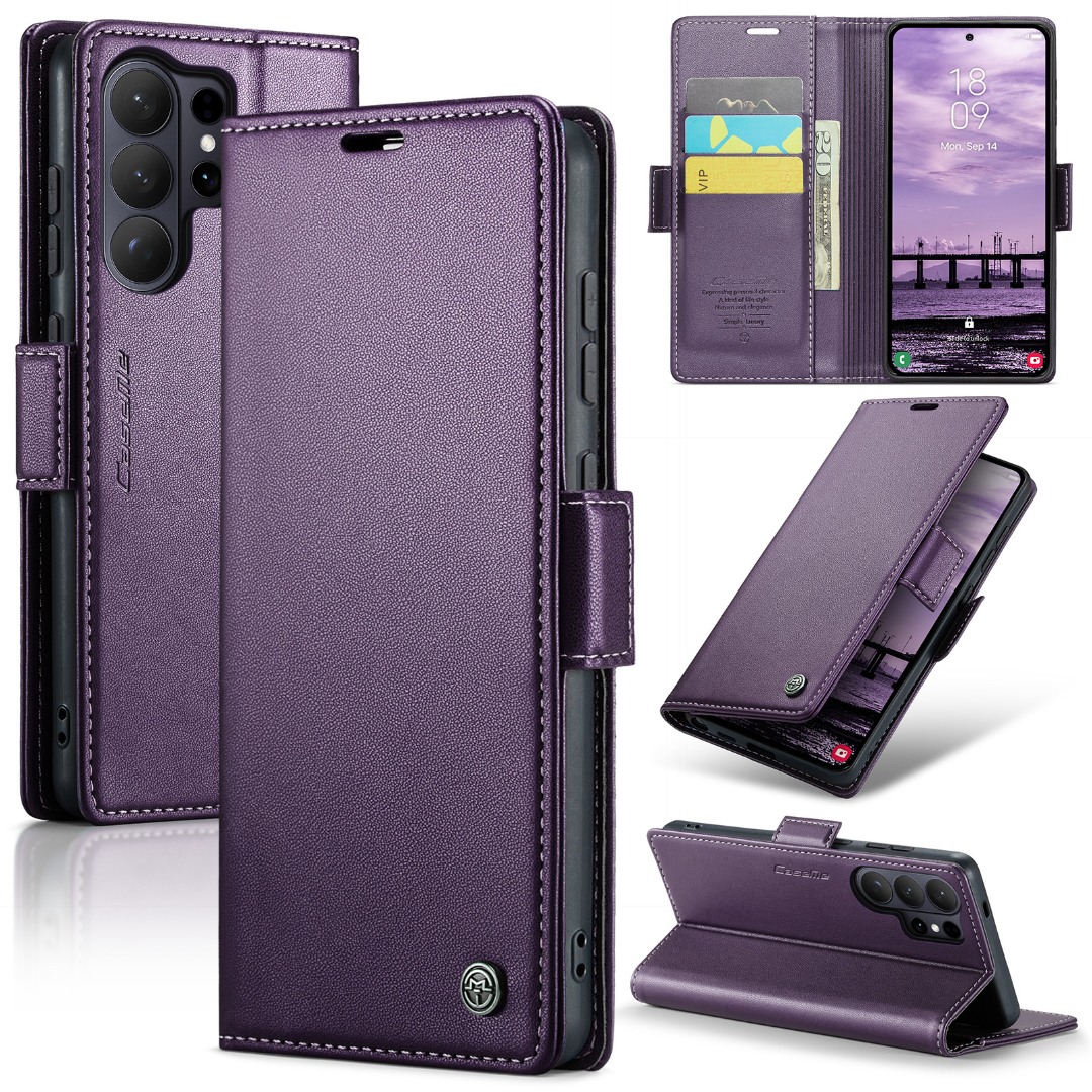 Husa pentru Samsung Galaxy S26 Ultra, CaseMe, slim, piele, tip portofel, stand, inchidere magnetica, finisaj fin, aderenta sigura, protectie RFID, Mov - Imperial Plum