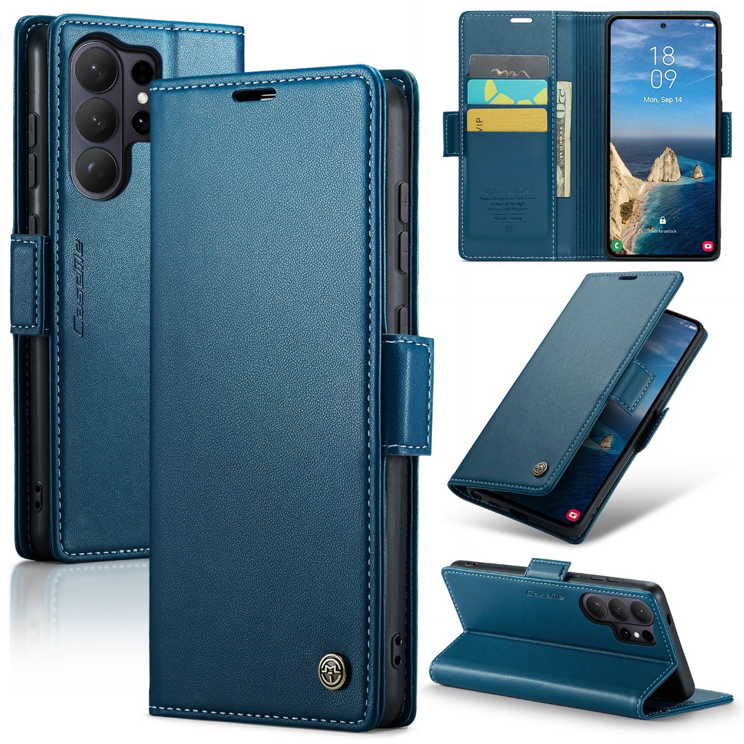 Husa pentru Samsung Galaxy S26 Ultra, CaseMe, slim, piele, tip portofel, stand, inchidere magnetica, finisaj fin, aderenta sigura, protectie RFID, Albastru - Atlantic Sapphire
