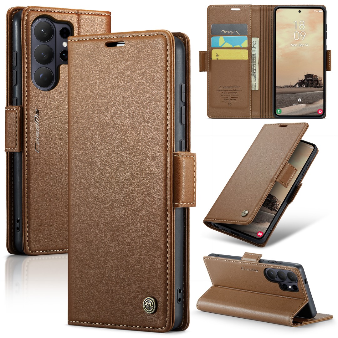 Husa pentru Samsung Galaxy S26 Ultra, CaseMe, slim, piele, tip portofel, stand, inchidere magnetica, finisaj fin, aderenta sigura, protectie RFID, Maro - Cognac Bronze