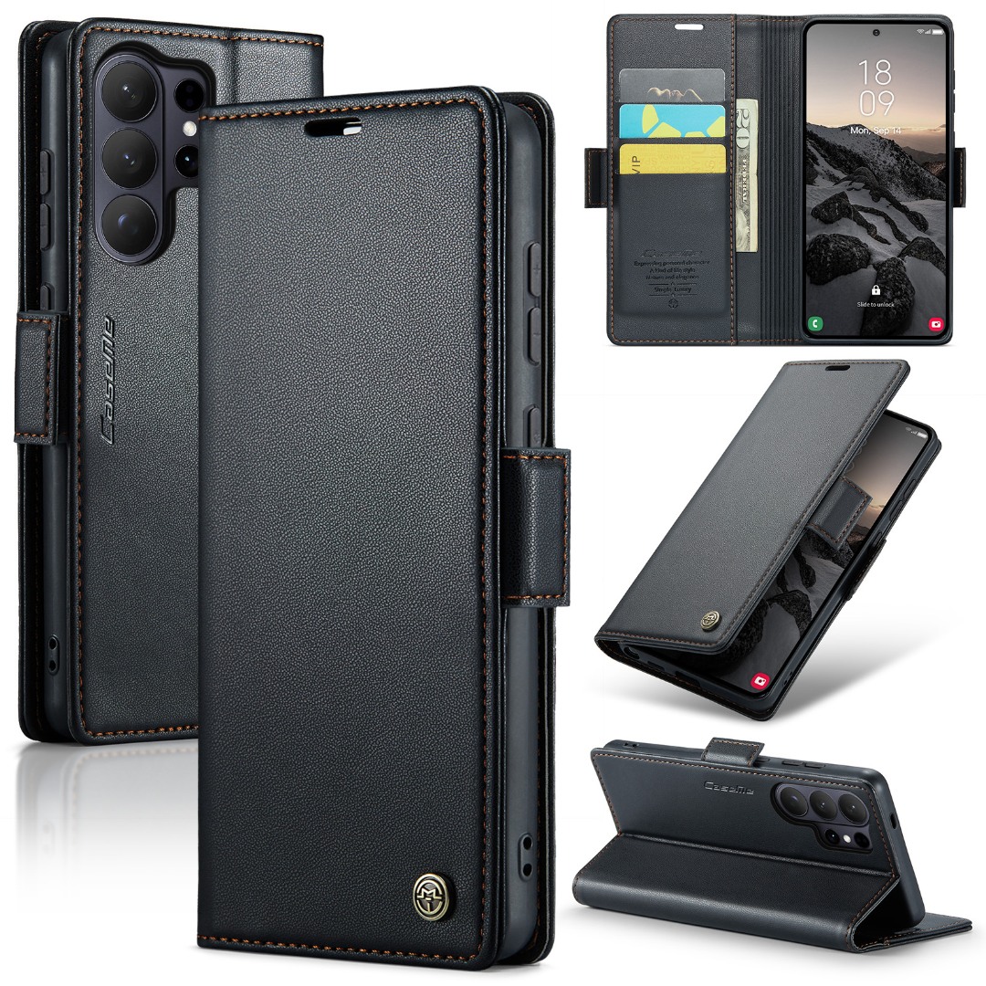 Husa pentru Samsung Galaxy S26 Ultra, CaseMe, slim, piele, tip portofel, stand, inchidere magnetica, finisaj fin, aderenta sigura, protectie RFID, Negru - Noir Graphite