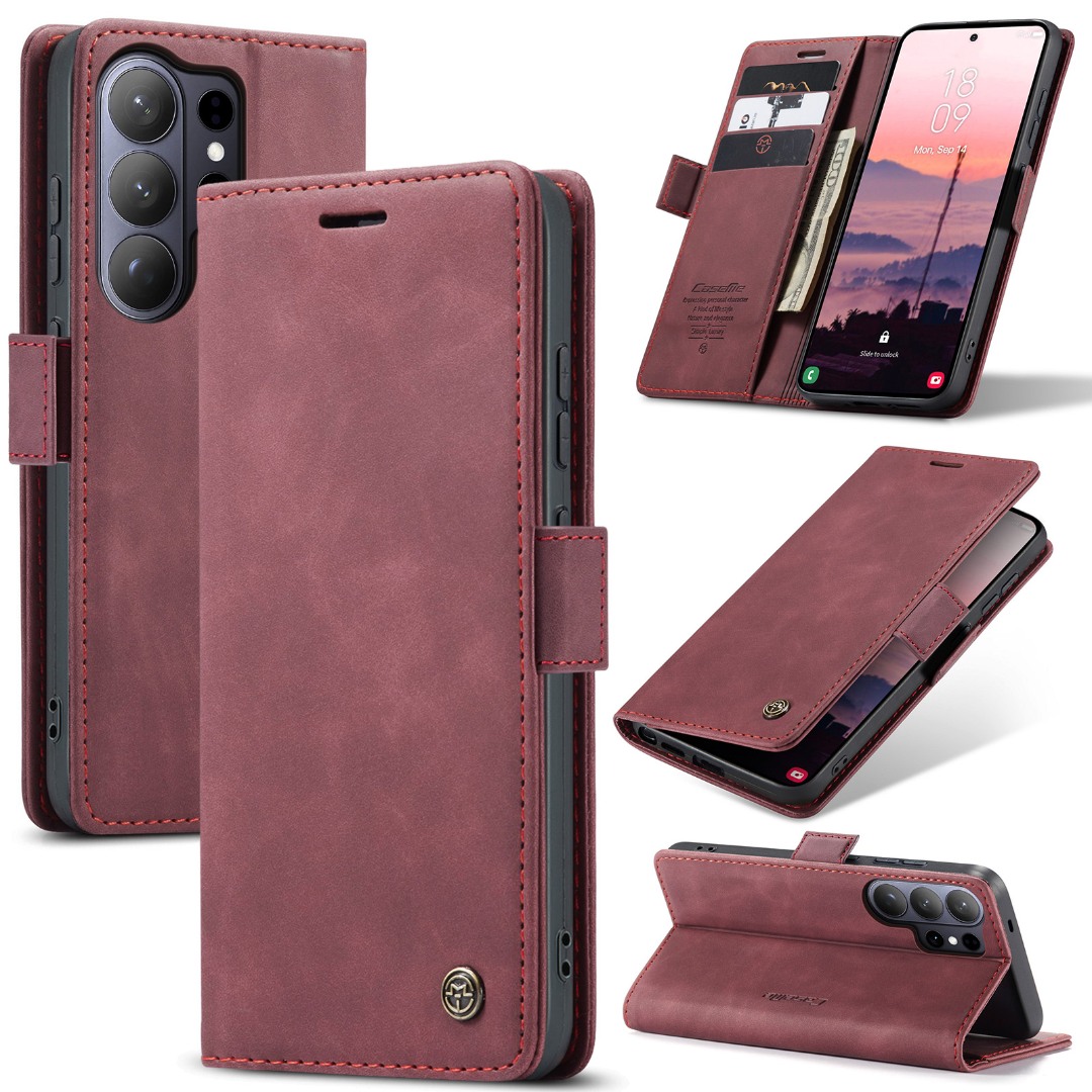 Husa pentru Samsung Galaxy S26 Ultra – CaseMe, tip carte, piele, functie portofel, stand, finisaj catifelat, Rosu - Crimson Glory