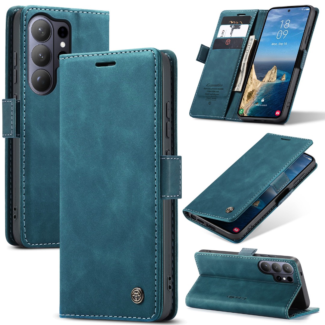 Husa pentru Samsung Galaxy S26 Ultra – CaseMe, tip carte, piele, functie portofel, stand, finisaj catifelat, Albastru - Fjord Blue
