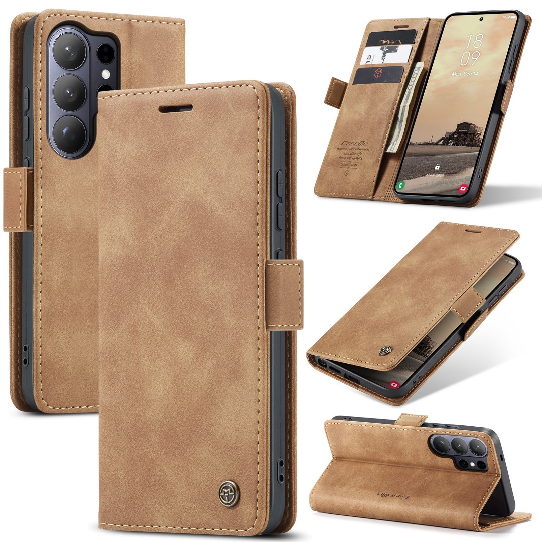 Husa pentru Samsung Galaxy S26 Ultra – CaseMe, tip carte, piele, functie portofel, stand, finisaj catifelat, Maro - Camel Sand