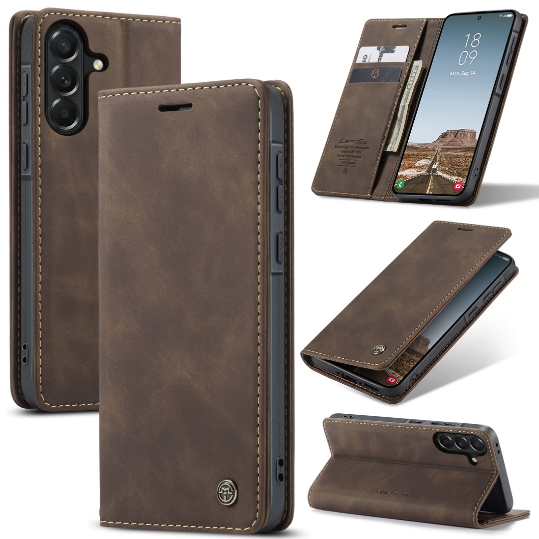 Husa pentru Samsung Galaxy A37 – CaseMe, tip carte, piele, functie portofel, stand, finisaj catifelat, Maro - Vintage coffee