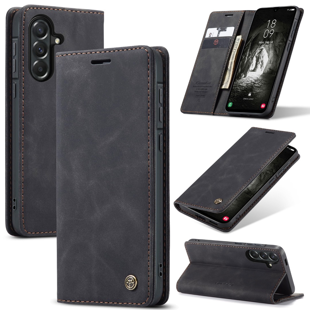 Husa pentru Samsung Galaxy A57 – CaseMe, tip carte, piele, functie portofel, stand, finisaj catifelat, Negru - Midnight Ash