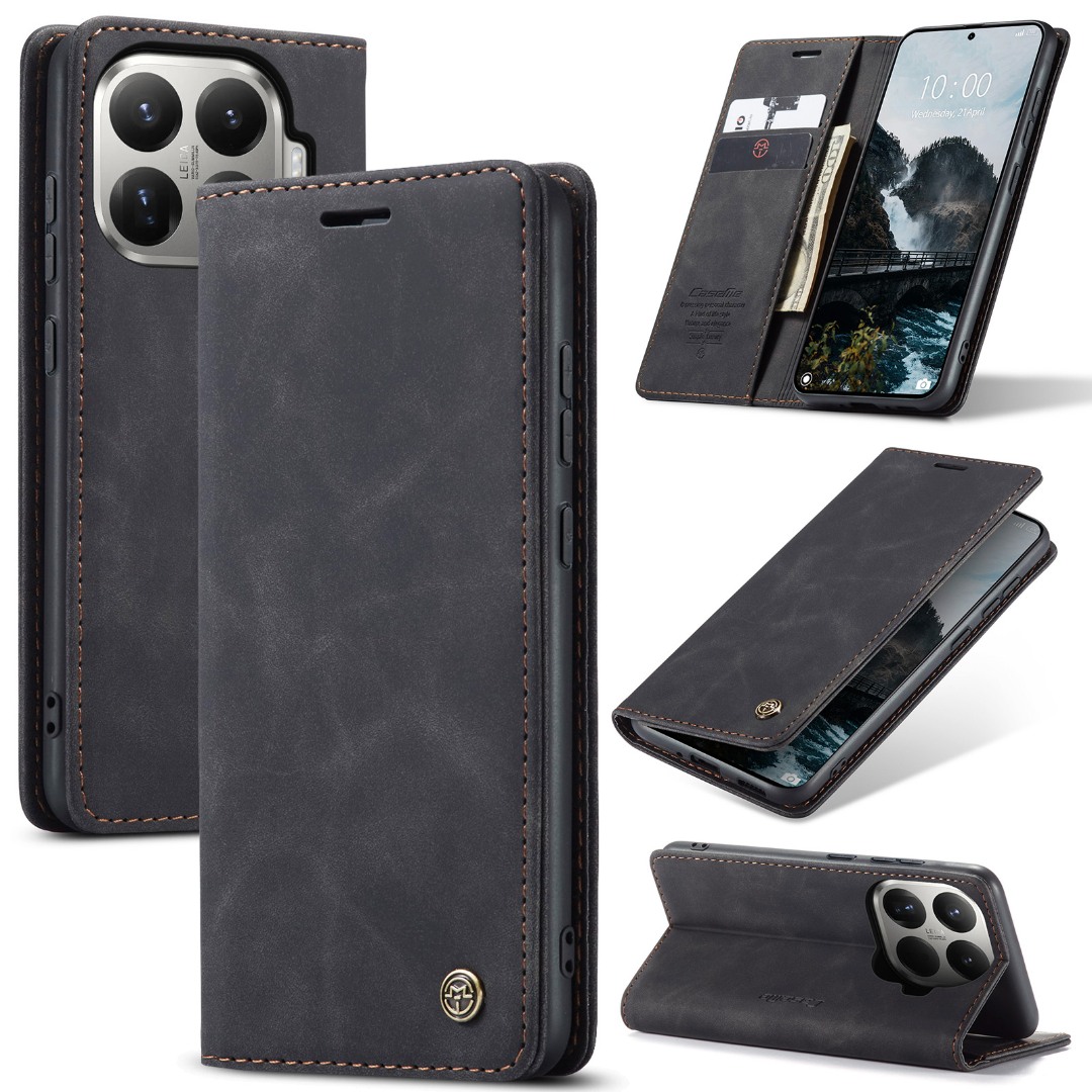 Husa pentru Xiaomi 15T Pro – CaseMe, tip carte, piele, functie portofel, stand, finisaj catifelat, Negru - Midnight Ash