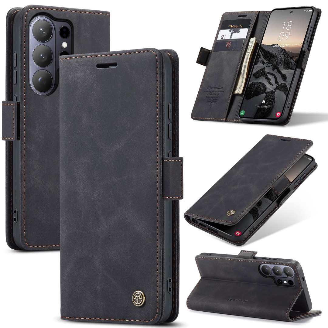 Husa pentru Samsung Galaxy S26 Ultra – CaseMe, tip carte, piele, functie portofel, stand, finisaj catifelat, Negru - Midnight Ash