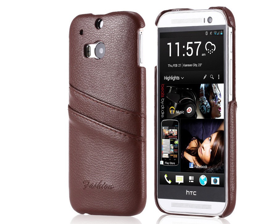 Husa slim din piele naturala, tip back cover, cu buzunarase, HTC One M8 / M8s - CaseMe, Maro